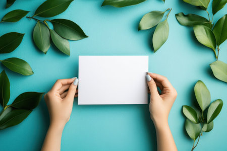 Two hands gently hold a blank white card amid vibrant green leaves on a bright blue surface.の写真素材