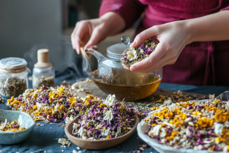 Hands carefully mix colorful dried flowers and herbs while preparing tea in a warm kitchen setting.の写真素材