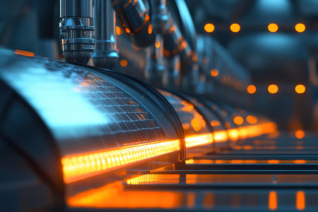 Machinery in a modern factory showcases glowing lights along with metallic surfaces, emphasizing technology.の写真素材
