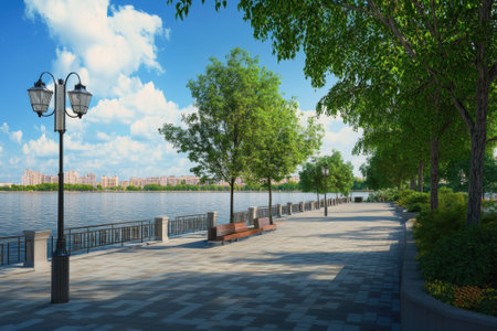 A serene riverside walkway lined with trees and benches, perfect for leisurely strolls by the water.の写真素材