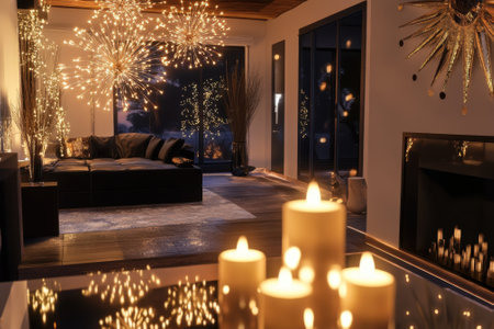 Cozy living room features a modern design with sparkling lights and warm candlelight, creating a festive atmosphere.の写真素材