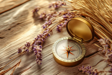 A vintage compass rests on a rustic wooden surface next to dried lavender and wheat, creating a serene atmosphere.の写真素材
