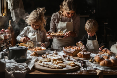 Two children and an adult joyfully prepare baked goods in a warm kitchen filled with delicious treats.の写真素材