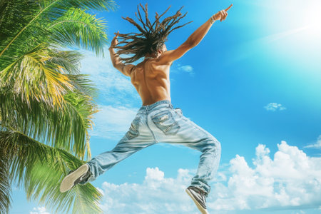 A man with long hair leaps into the air, celebrating life under a clear blue sky with palm trees.の写真素材