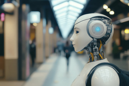 A humanoid robot stands in a contemporary shopping center, observing shoppers and enjoying the vibrant atmosphere.の写真素材