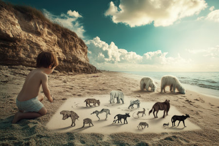 A child sits on a sandy beach, drawing animals while nearby polar bears explore the shore.の写真素材