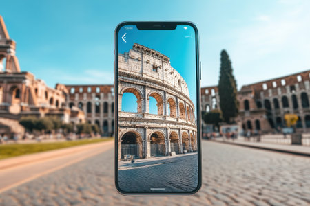 A smartphone showcases the Colosseum, framed by historic buildings, under a bright blue sky.の写真素材