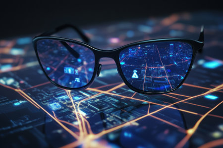 Smart glasses showcase digital overlays of city maps and information during nighttime exploration.の写真素材