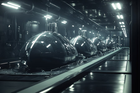 Futuristic transport pods are aligned in a sleek facility, illuminated by soft overhead lights and shadows.の写真素材