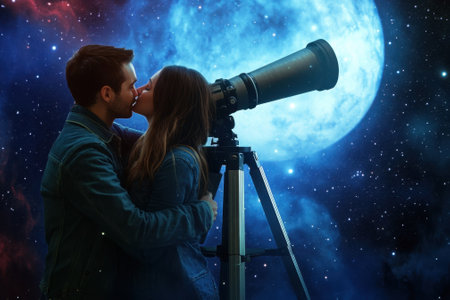 A couple embraces and kisses in front of a large telescope, immersed in a starry night with a glowing blue moon.の写真素材