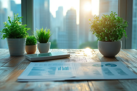 A serene workspace features various green plants and business reports against a city skyline at sunset.の写真素材
