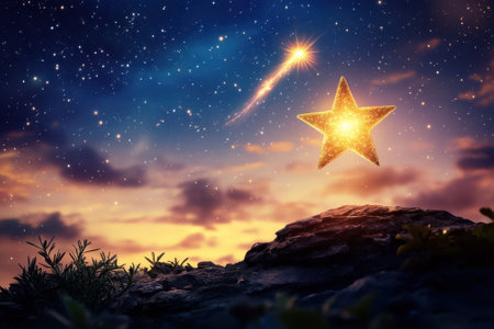 Bright star glimmers in the night sky as a shooting star streaks by, casting a magical glow at sunset.の写真素材