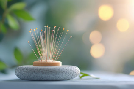 Incense sticks elegantly arranged on a stone holder, creating a calming atmosphere in soft light.の写真素材