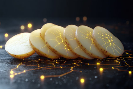 Sliced potatoes arranged in a line with glowing designs, creating an artistic and modern culinary display.の写真素材