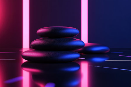 Black stones are neatly stacked on a reflective surface, illuminated by colorful neon lights.の写真素材