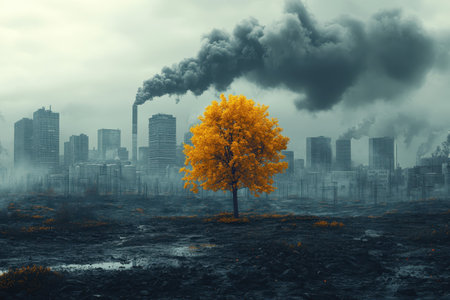 A vibrant yellow tree remains resilient against a backdrop of a smog-filled cityscape with smoke billowing.の写真素材