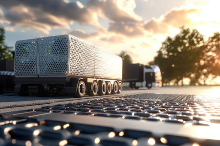 Delivery trucks are parked alongside a highway as the sun sets, creating a picturesque evening atmosphere.の写真素材