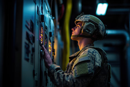 A soldier in uniform interacts with control panels in a dark military environment after sunset.の写真素材
