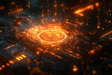 Intricate circuit patterns illuminated in orange against a deep blue background create a futuristic look.の写真素材