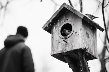 Birds curiously investigate a birdhouse, while a person stands in the background enjoying nature.の写真素材