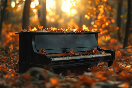 A serene piano rests among vibrant orange and yellow leaves, illuminated by the warm glow of sunset.の写真素材