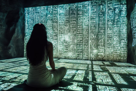 A woman gazes in awe at glowing hieroglyphs on cave walls, deep in an ancient, mystical atmosphere.の写真素材