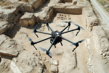 A drone hovers above a historic excavation site showing ancient structures and debris below.の写真素材