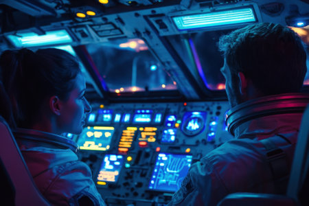 Two astronauts focus on high-tech controls while preparing for their mission in a dimly lit spacecraft.の写真素材