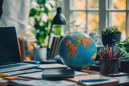 A cluttered workspace features a globe, plants, and stationery bathed in warm autumn light.の写真素材