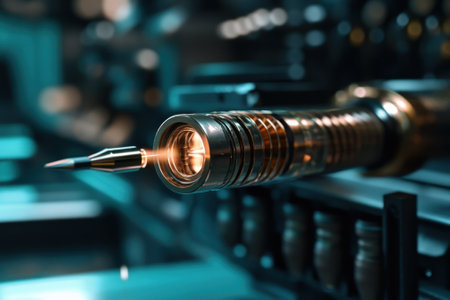 A detailed view of a laser engraving tool illuminating its intricacies while positioned in a high-tech workshop.の写真素材