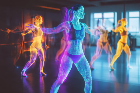 Dancers engage in an energetic routine showcasing vivid digital visualizations in a modern studio setting.の写真素材