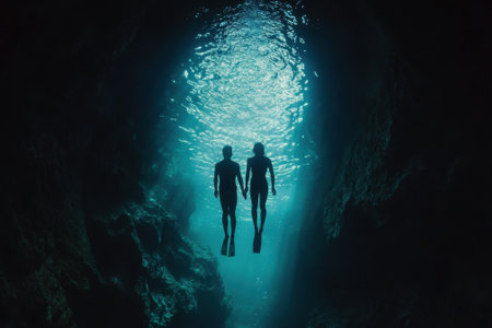 Two divers gracefully navigate an underwater cave, illuminated by shimmering blue light from above.の素材