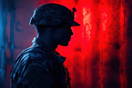 A soldier in profile, lit by red and blue light, embodies strength and courage in reflection.の写真素材