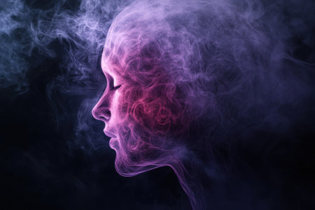 A woman's profile emerges from swirling, vibrant smoke, creating a mystical and enchanting atmosphere.の写真素材