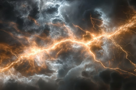 Bright flashes of lightning cut through dark storm clouds, showing nature's power at dusk.の写真素材