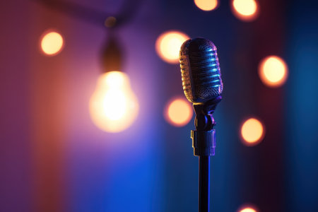 A retro microphone with colorful bokeh lights creates an inviting vibe for music lovers.の写真素材