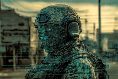 A military personnel stands in a cityscape during sunset, showing futuristic gear and digital elements.の写真素材