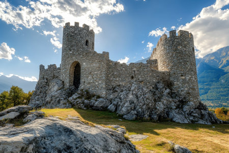 A historic castle towers on rocky cliffs, embraced by lush greenery and distant mountains in bright sunlight.の写真素材