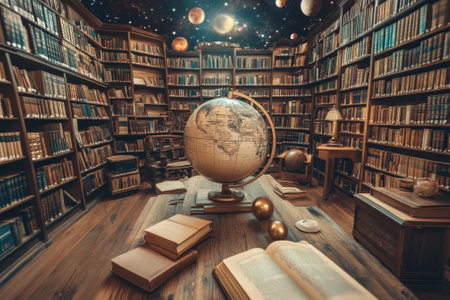 Books fill the shelves of a timeless library, with a globe surrounded by celestial designs and glowing planets.の写真素材