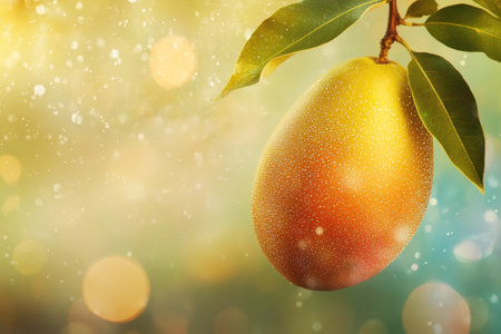 A ripe mango dangles from a green leafed branch, illuminated by shimmering light in the background.の写真素材