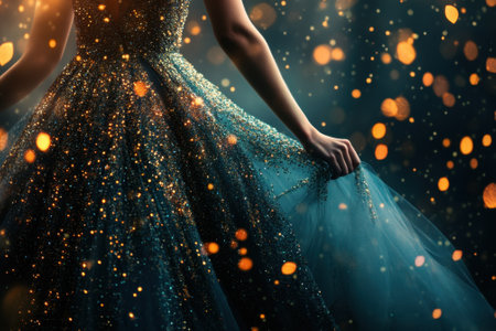 A glamorous evening event features a person in a sparkling gown, surrounded by enchanting lights.の写真素材