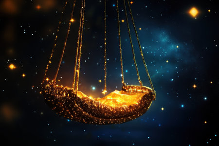 A glowing swing radiates bright golden light against a dark starry sky, creating a magical atmosphere.の写真素材