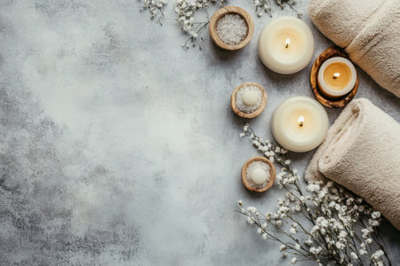 Soft towels, lit candles, and delicate flowers create a calming spa atmosphere for relaxation.の素材