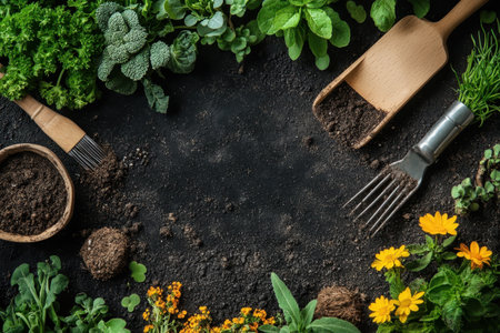 Gardening tools surround fresh herbs and flowers on dark soil, creating a lively gardening atmosphere.の写真素材