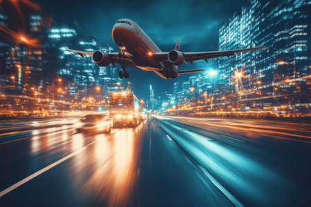 An airplane approaches for landing above a bustling roadway filled with moving vehicles at night.の写真素材