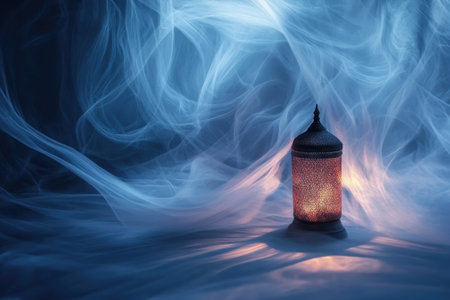 A glowing lantern stands out in an ethereal blue smoke, creating a mystical and serene nighttime ambiance.の写真素材