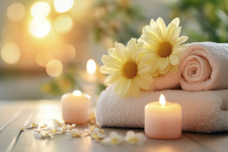 Soft towels are arranged with lit candles and bright yellow flowers, creating a calming spa ambiance.の写真素材