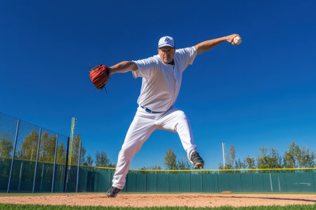 A skilled pitcher shows impressive form while throwing a baseball at a practice field under clear blue skies.の写真素材