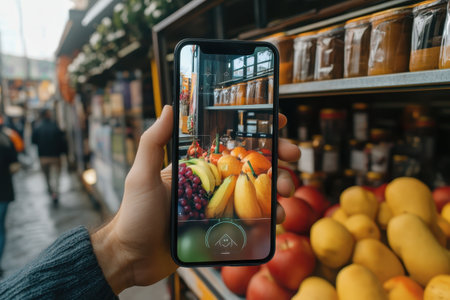 A person holds a smartphone to take a picture of fresh fruits in a lively market filled with vibrant colors.の写真素材