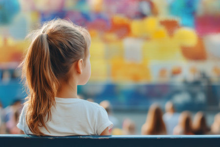 Young girl with long hair sits on a bench, admiring a vibrant mural at a lively outdoor event.の写真素材